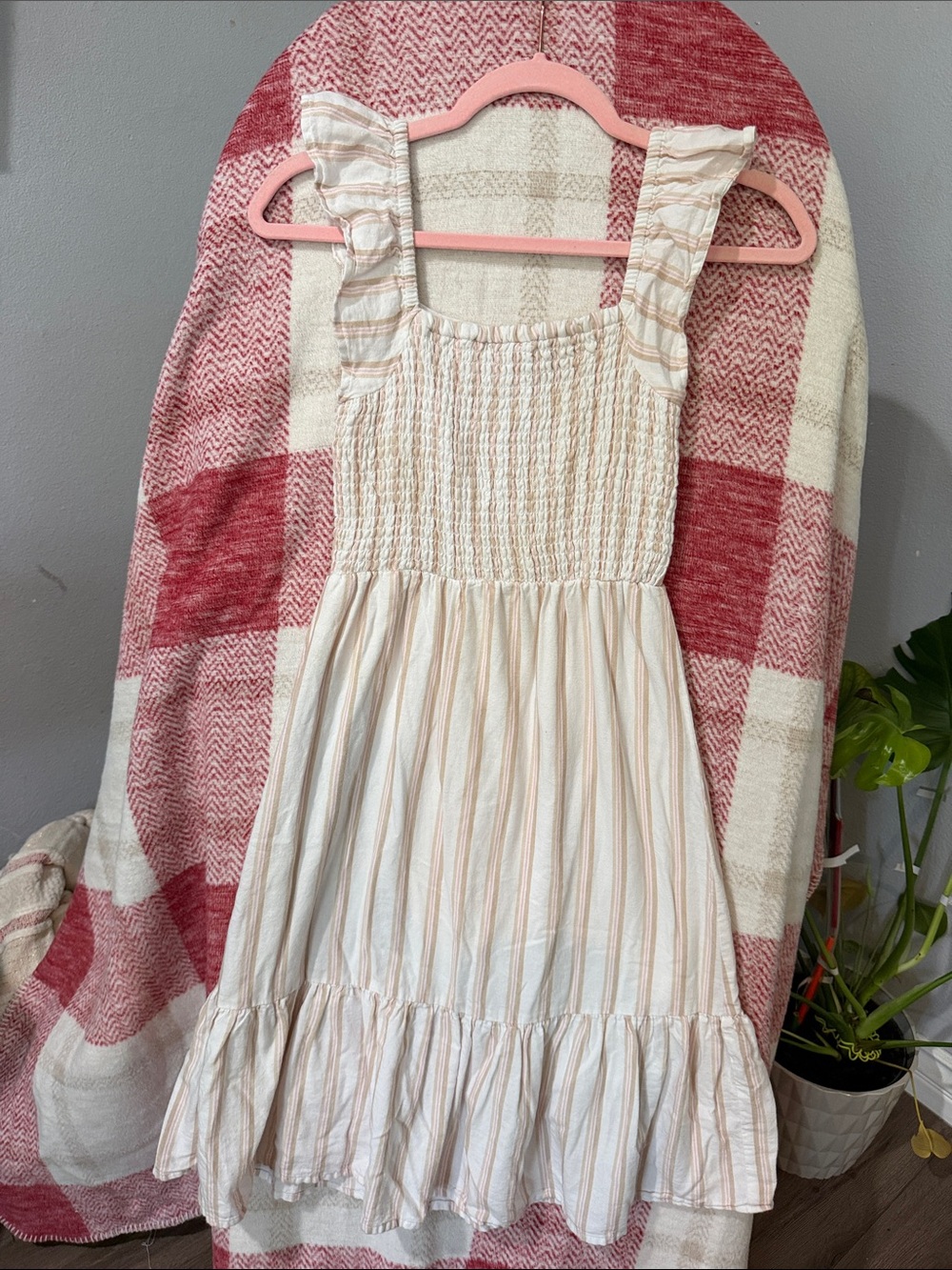 Kids Casual Ruffle-Strap Stripe Dress - Cream Pink